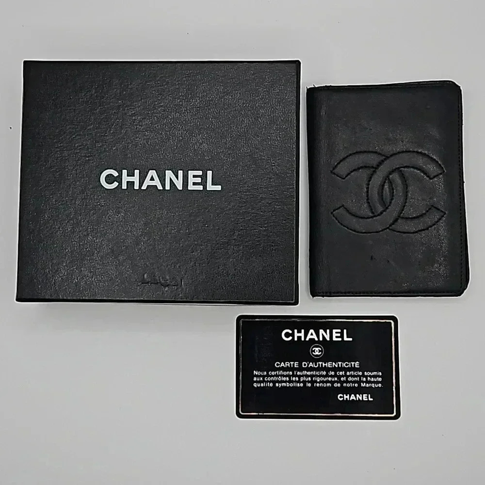 Chanel Cc Logo Lambskin Leather Bifold Card Case Black With Auth Card And Box